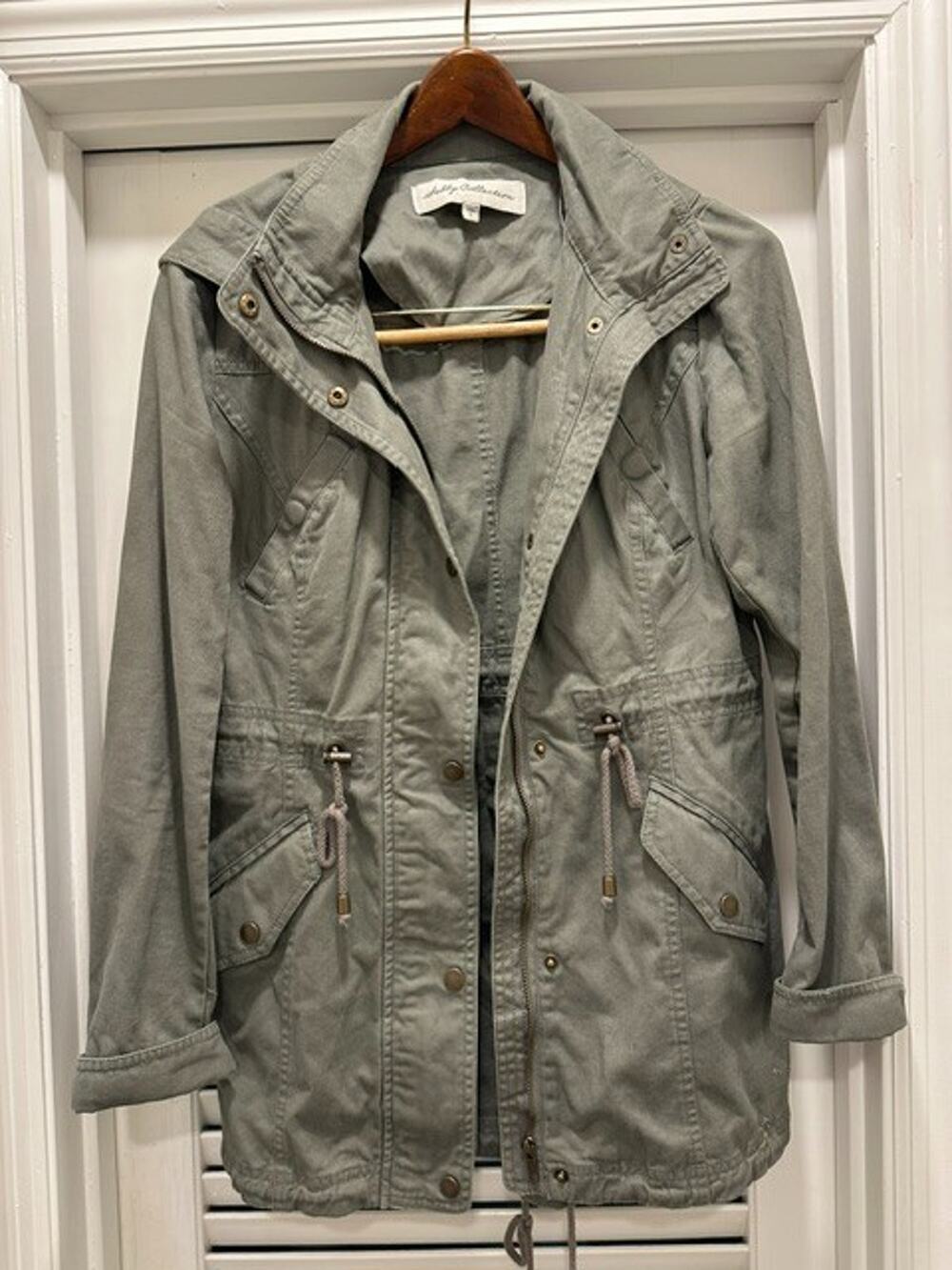 Sebby Collection army green utility zip hooded jacket small